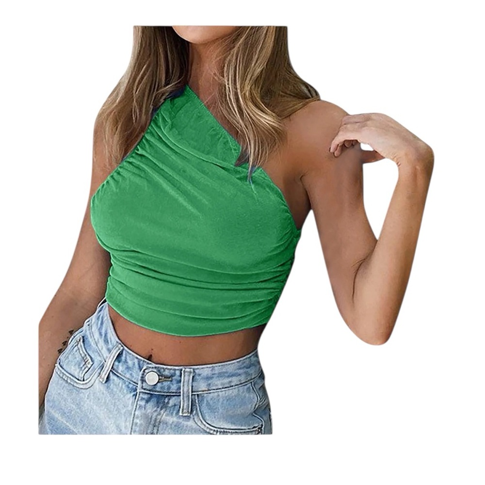 Green Asymmetrical One Shoulder Ruched Tank Top Size L Trendy Going Out Top